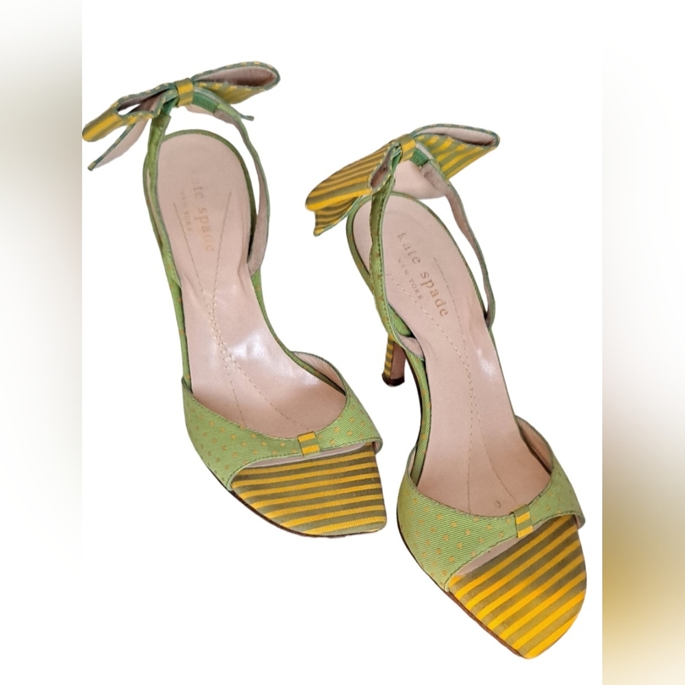 Kate Spade Polka Dot Striped Yellow and Lime Green Strappy High Heeled Sandals